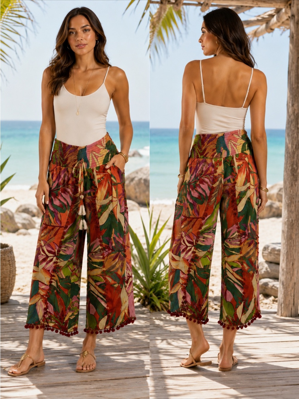 ANTHRO’S TRUE DESTINATION BOHO CHIC RESORT WEAR OPEN-LEG PANTS POM POM TRIM S/M